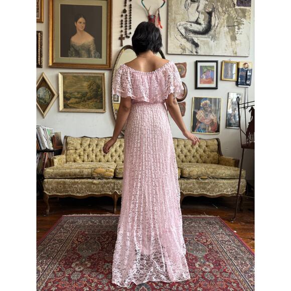 80s Pink Lace Off the Shoulder Floral Maxi Dress Size Small by Witch and Wolf - Picture 10 of 14